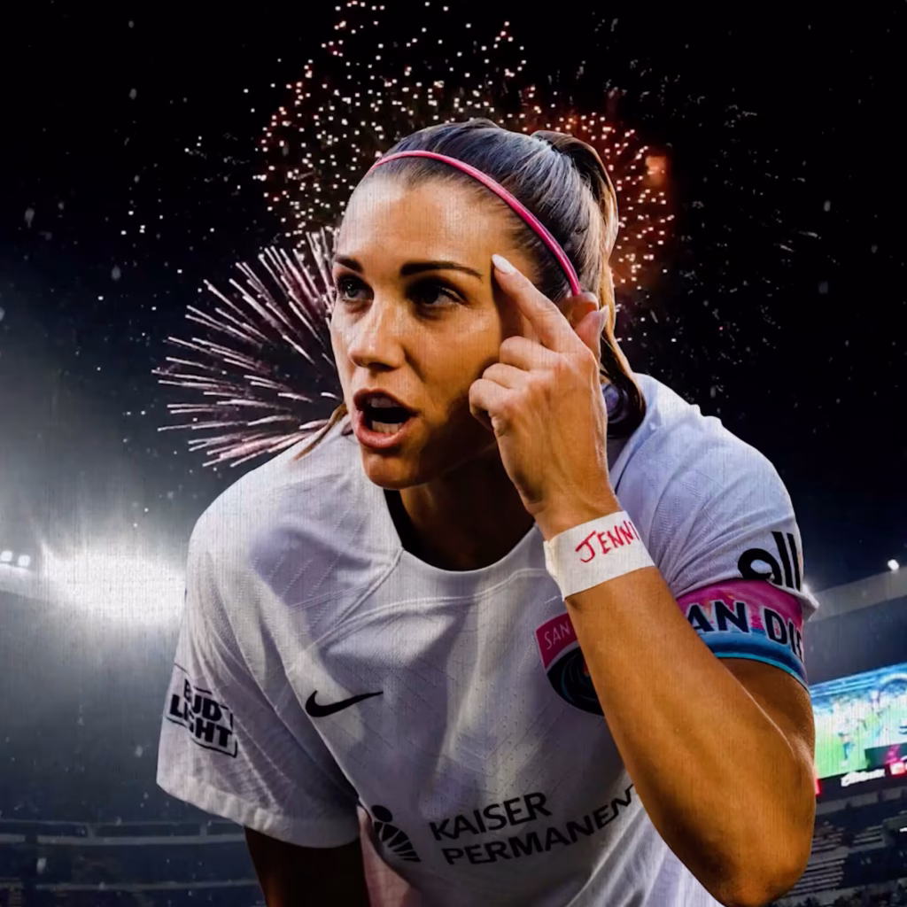 woman's soccer star in front of fireworks